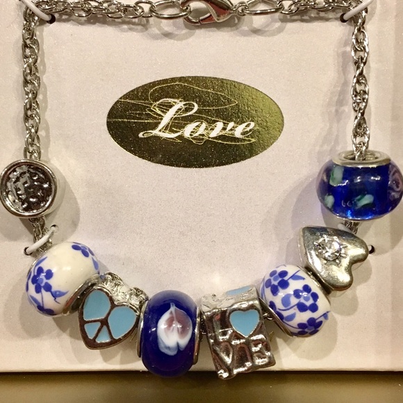 Blue&Silver Bracelet with hippie style charms. ☮️ - Picture 2 of 3